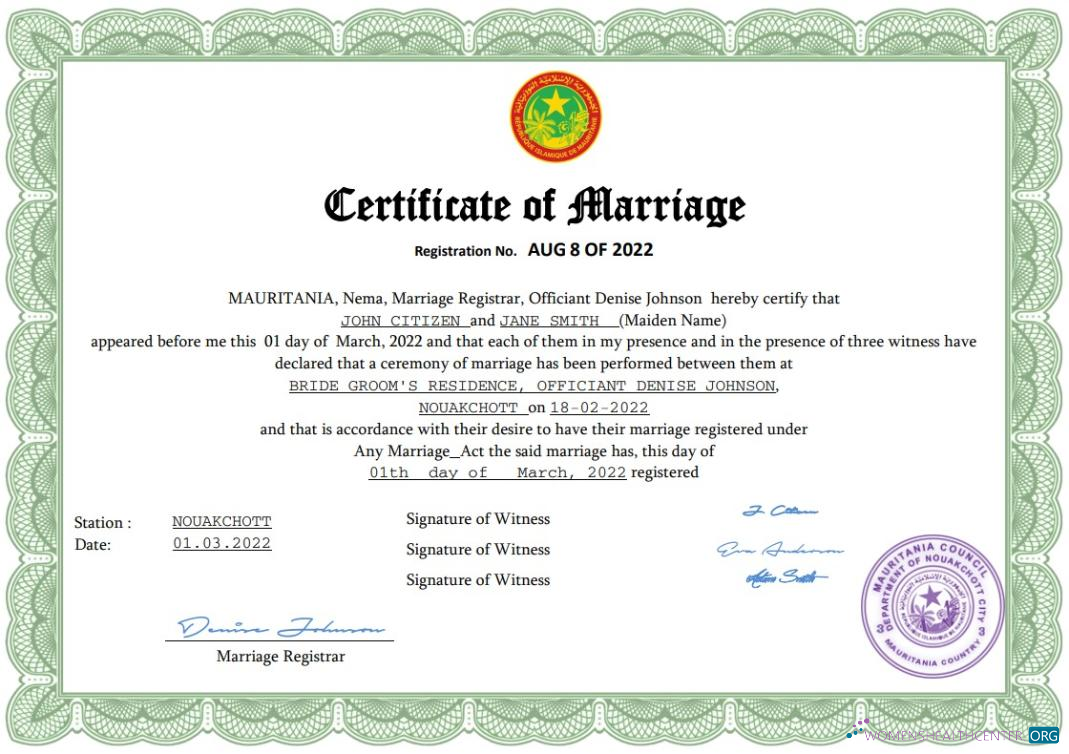 Download Mauritania marriage certificate Word and PDF template Photoshop template